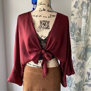 olivaceous tie front top with kimono style sleeves - burgundy - Medium